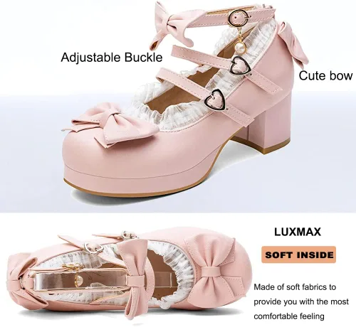 Vista 3 de LUXMAX Zapatos lindos para mujer, zapatos kawaii, tacón de bloque medio, plataforma Mary Janes, zapatos de vestir para cosplay, con correa