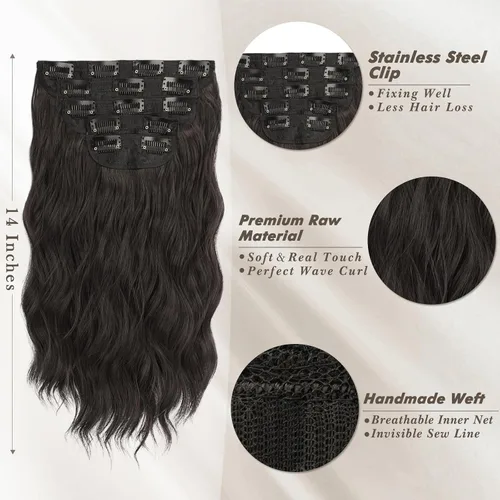 Vista 3 de BARSDAR Extensiones de cabello ondulado con clip negro marrón - 14 pulgadas, extensiones de cabello corto ondulado con clip para mujer - 5 piezas