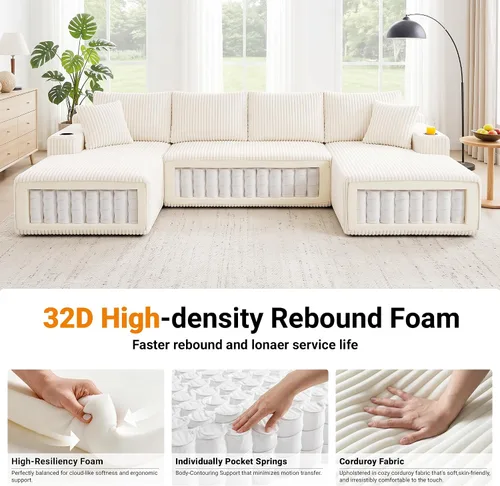 Vista 3 de Sofá cama modular de 124 pulgadas, sofá de nube sin hueso para sala de estar, sofá de 5 asientos en forma de U con 2 bolsillos de almacenamiento y 2