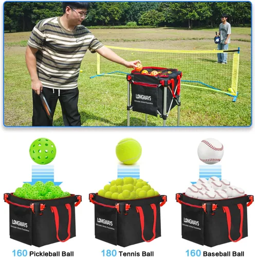 Vista 6 de Pickleball Tennis Ball Hopper-Foldable Lightweight Tennis Cart Holds 180 Tennis/160 Pickleballs with Removable Bag,Wheels,Side Pocket for