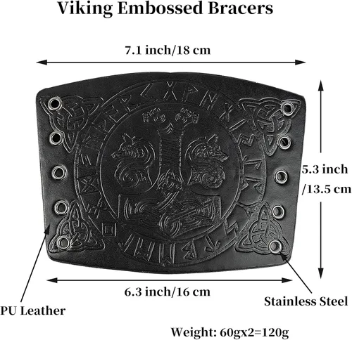 Vista 7 de Viking Leather Bracers - Medieval Guards Knight Arm LARP PU Leather Gauntlet Embossed Armor Wristband Armband Cuff