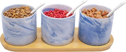 Vista 2 de Juego de 3 tarros de especias de cerámica de mármol con cucharas y tapas de bambú y bandeja (azul)