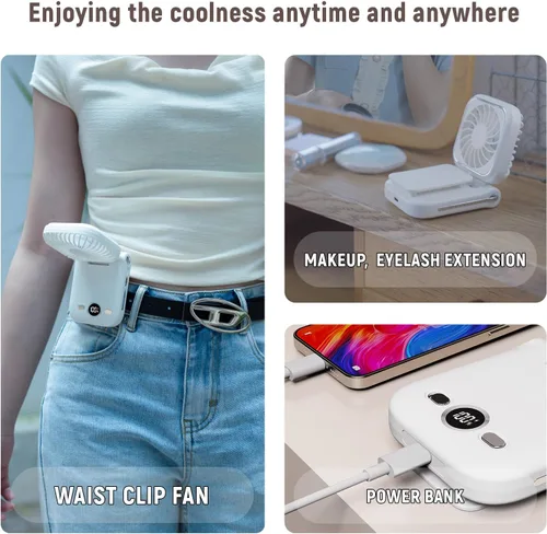Vista 3 de Mini ventilador de mano portátil recargable con clip de mano personal con pantalla LED, funciona con batería de bolsillo, ventilador pequeño Azul