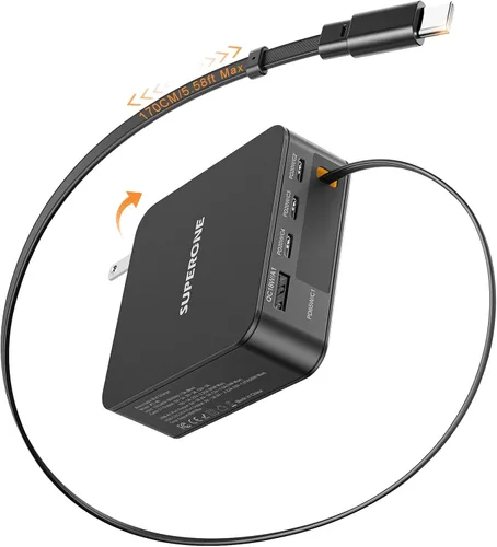 Vista 8 de SUPERONE Cargador retráctil para iPhone, bloque de cargador USB C de 4 puertos, cargadores de iPhone de carga rápida con doble cable USB C Negro