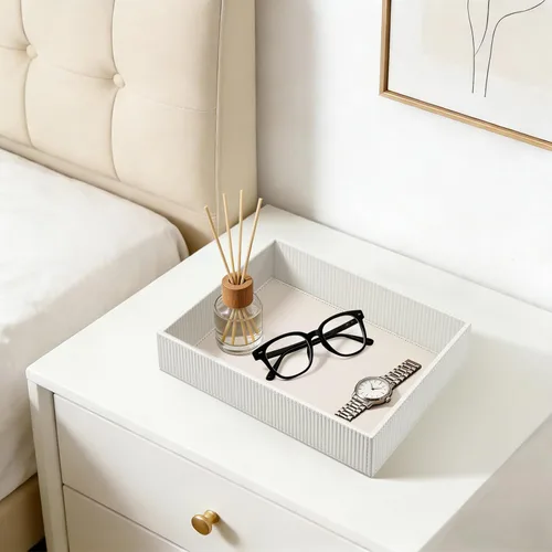 Vista 4 de SITHON Bandeja de valet organizador de escritorio de cuero PU Catchall Rayas Blanco Perla