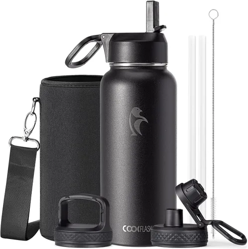 Vista 108 de Coolflask Botella de agua de 20 onzas aislada con pajilla, 3 tapas de metal de acero inoxidable, botella de agua de boca ancha para deportes u