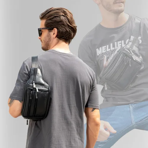 Vista 8 de Riñonera de cuero negro para hombres y mujeres, bolsa de cintura de cuero genuino con correa ajustable para caminar, senderismo, ciclismo, C805#Negro