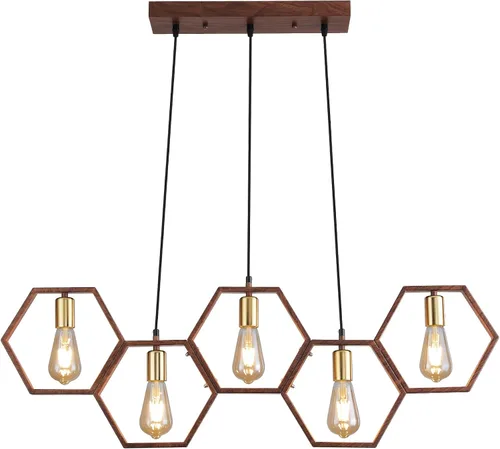 Vista 7 de Iluminación industrial de isla de cocina de 5 luces, lámparas rústicas para comedor, lámpara de granja, lámpara colgante de techo de madera