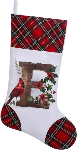 Vista 9 de Medias de Navidad personalizadas de 20 pulgadas, diseño cardenal, medias con monograma inicial para decoración colgante de chimenea, familia, letra A