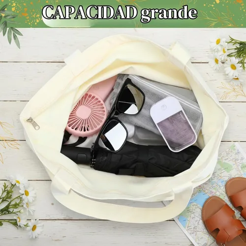Vista 5 de Bolsas de lona de Silkfly, bolsas de tela de algodón en blanco a granel con asas con cremallera, bolsas reutilizables de diseño simple para Beige