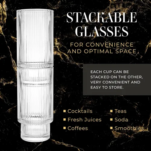 Vista 3 de Kitchen Lux Vasos de vidrio acanalados de 12 onzas – Juego de 6 vasos acanalados – Juego de 6 vasos estéticos con textura vintage retro ondulados
