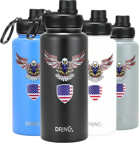 Vista 13 de DRINCO Botella de agua de acero inoxidable con tapa de boquilla, aislada al vacío, botella de agua de doble pared, bandera de Estados Unidos 30oz US