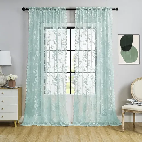 Vista 40 de Cortinas de encaje beige, juego de 2 paneles de cortinas traslúcidas con bolsillo para cortinero, decoración de ventana pequeña, baño, sótano