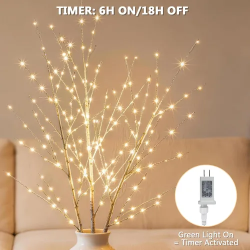 Vista 10 de Bexdir Ramas de árbol blancas de abedul iluminadas de 33 pulgadas, 180 luces LED con temporizador enchufable, árbol artificial blanco ramita