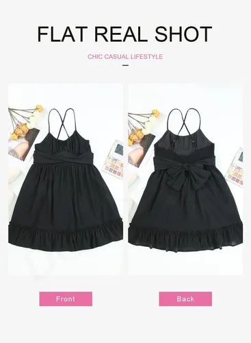 Vista 4 de Dokotoo Vestidos de tirantes delgados para mujer, cuello redondo, lazo, sin mangas, cintura elástica, dobladillo con volantes, acampanado