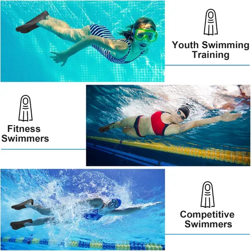 Vista 5 de Aletas de natación, aletas de entrenamiento de natación Happyouth, aletas cortas de silicona con bolsa de malla para natación de vueltas, niños