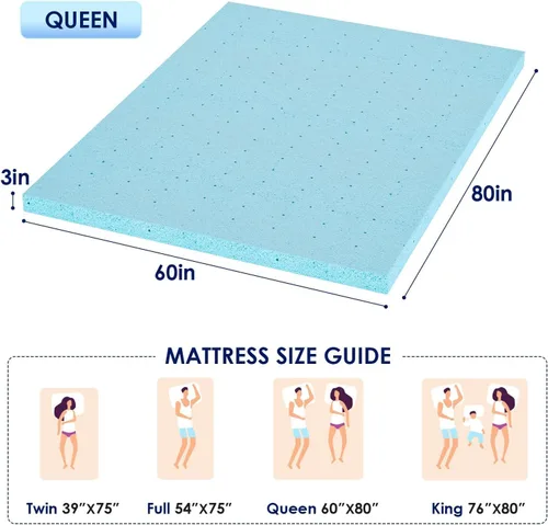 Vista 8 de BLKMTY Cubrecolchón tamaño Queen, colchón de espuma viscoelástica ventilada de 3 pulgadas, colchón de memoria de gel, transpirable, suave, en una