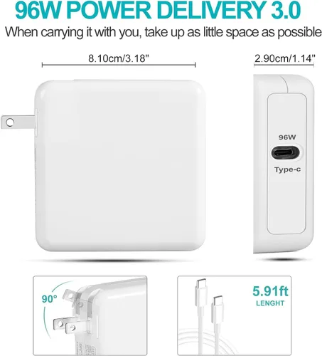 Vista 2 de Cargador USB C para MacBook Air/MacBook Pro/Mac Cargador USB C Cargadores de laptop, Bloque de carga Mac Book Pro de 96 W, adaptador de corriente