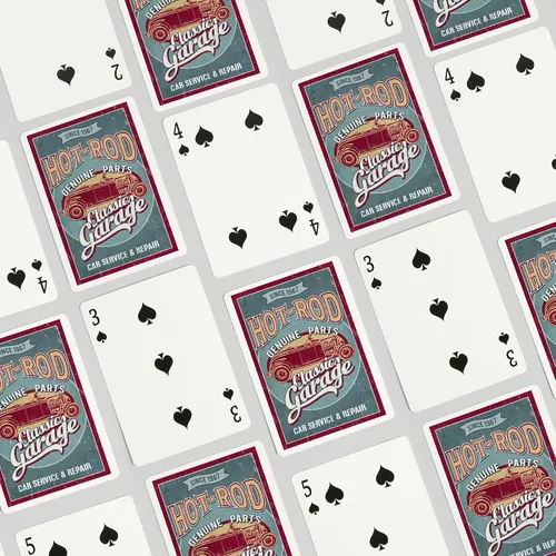 Vista 4 de Lantern Press Hot Rod Garage, coches clásicos, letrero vintage (52 cartas de juego, baraja de cartas de tamaño póquer con comodines)