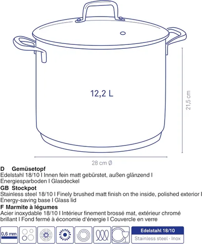 Vista 3 de kela Olla de 13 cuartos de galón con tapa de vidrio, borde plegado para un cierre seguro y escala de medición interior, acero inoxidable