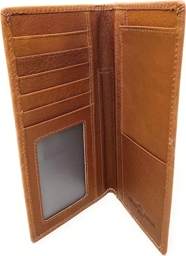 Vista 2 de Western Tooled Cuero Genuino Vaca Piel Vaca Rezando Vaquero Hombres Cartera Larga Bifold en 3 colores, marrón (Cowfur Brown), Western