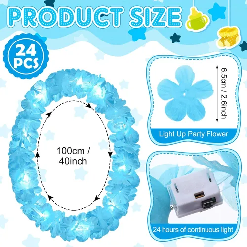 Vista 2 de 24 piezas de collar de flores de Leis hawaianas con luces LED, para playa, tropical, carnaval, fiesta, suministros de boda, Luau para bailes de Azul