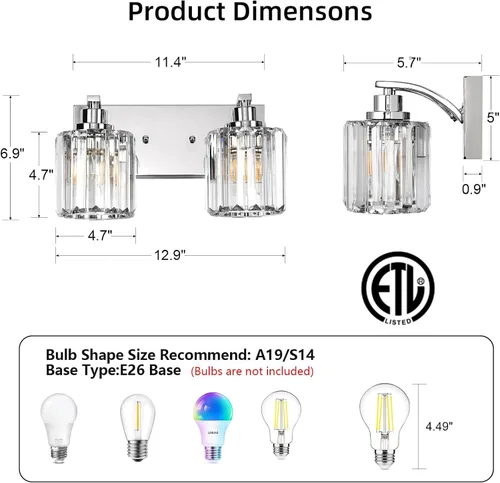 Vista 2 de 2 luces de cristal para tocador de baño, moderna cromada, accesorios de iluminación de baño sobre espejo para espejo base E26