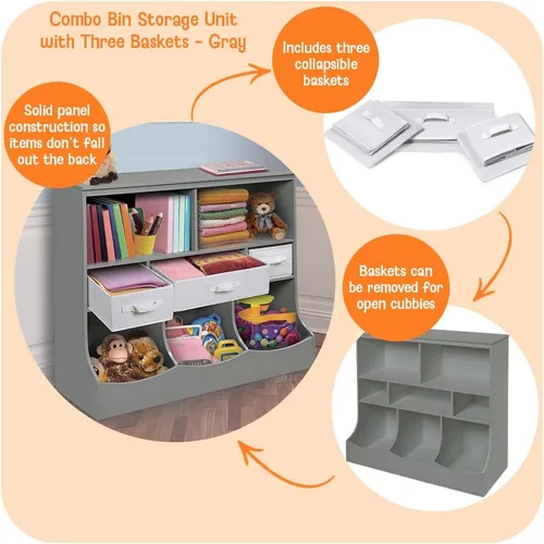 Vista 2 de Badger Basket Combo Bin Unidad de almacenamiento de juguetes y estante para libros para niños con 3 cestas - Gris