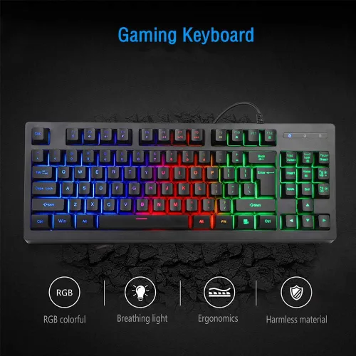 Vista 2 de BlueFinger Combo de teclado RGB para juegos de 87 teclas y mouse retroiluminado teclado arcoíris con cable USB juego de teclado para computadora