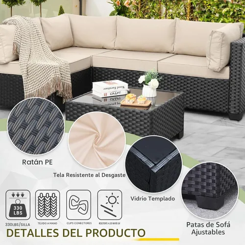 Vista 4 de WAROOM - Juego de muebles de patio de 5 piezas para exteriores, conjunto seccional de sofá de conversación de mimbre de polietileno tipo ratán