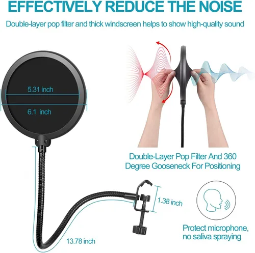 Vista 4 de Brazo de brazo, brazo de micrófono ajustable con 2 clips y filtro pop, escritorio con soporte de micrófono con adaptador de 3/8 a 5/8 pulgadas