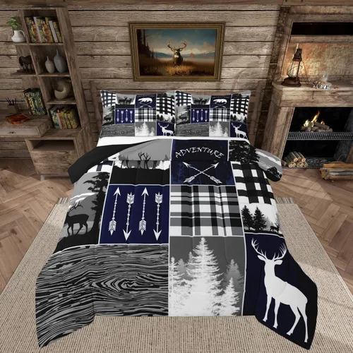 Vista 20 de Juego de edredón de cabaña rústica navideña, juego de ropa de cama estilo rústico con diseño de osos y ciervos, tamaño completo, patchwork Multi 08