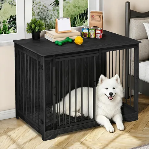 Vista 19 de Hzuaneri Mueble de jaula para perros de 27.2 pulgadas con puerta de granero, perrera resistente para interiores con 2 puertas, mesa auxiliar jaula