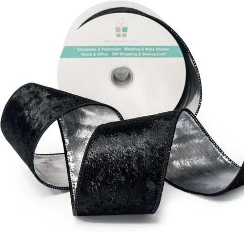 Vista 3 de Cinta de terciopelo negro con alambre y respaldo metálico plateado de 2.5 pulgadas x 10 yardas para adorno de la punta del árbol de Navidad