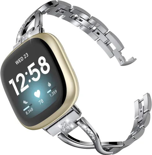 Vista 8 de Wearlizer Correa de metal compatible con Fitbit Versa 4/Versa 3/Sense/Sense 2 bandas para mujer, elegante pulsera de acero inoxidable con diamantes
