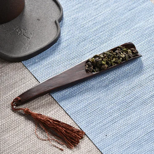 Vista 2 de Cuchara de té suelta de madera con borla de mango largo, cuchara de pala, cuchara de té chino, accesorios de ceremonia de té para sala de té, uso