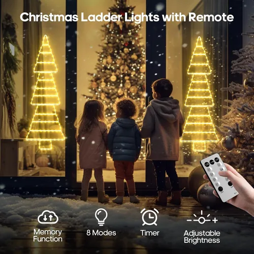 Vista 3 de luces LED de Navidad al aire libre, luces de escalera de 4.6 pies, luz colgante para árbol de Navidad enchufable, impermeable con 8 modos de luz