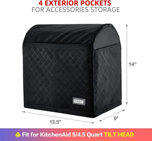Vista 3 de HOMEST Funda Acolchada Antipolvo para Batidora de Pie con Bolsillos Compatible con KitchenAid de 5/4.5 Cuartos de Galón Cabezal Inclinable, Negro
