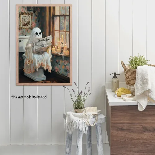 Vista 5 de Divertido arte de pared de fantasmas de Halloween para baño, periódico de lectura de fantasmas en el inodoro, póster de lienzo oscuro caprichoso