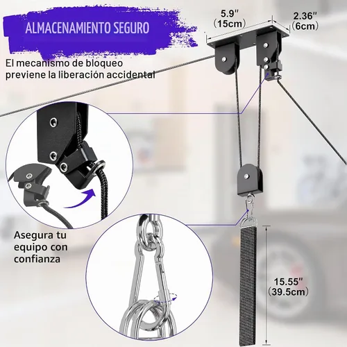 Vista 3 de TRUSOON Paquete de 2 polipastos de bicicleta, sistema de polea de elevación de bicicleta eléctrica resistente para almacenamiento en techo de garaje