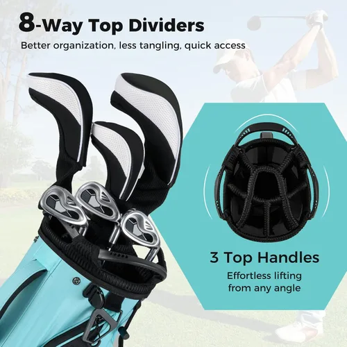Vista 3 de Bolsa de pie de golf ULTIMATE, bolsa de golf de 8 vías con 5 bolsillos, capucha antilluvia, correa desmontable de doble hombro, almohadilla lumbar