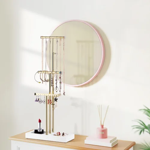 Vista 3 de Love-KANKEI Organizador de joyas colgante con base de metal y madera, soporte para collar con árbol de 3 niveles soporte para joyas para pulseras