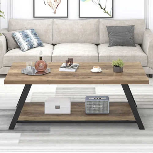 Vista 7 de EXCEFUR Mesa de centro moderna, mesa central rectangular para sala de estar con estante de almacenamiento, mesa de té de cóctel industrial de madera