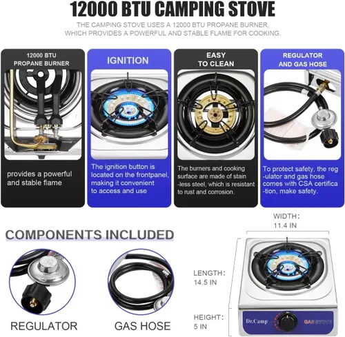 Vista 6 de Dr.Camp 12000 BTU Estufa de Propano de Encendido Automático Único para Acampar, Jardín, Exteriores, Campamento, Senderismo, Pesca, Cocina