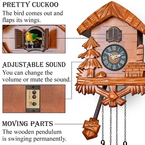 Vista 3 de TIMEGEAR Reloj de cuco de madera con modo nocturno, péndulo oscilante y movimiento de cuarzo (cereza)