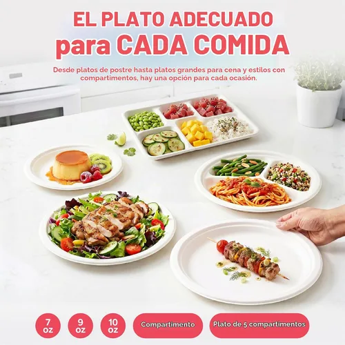 Vista 8 de Platos ecológicos, desechables, biodegradables, ultrarresistentes, de papel de caña de azúcar