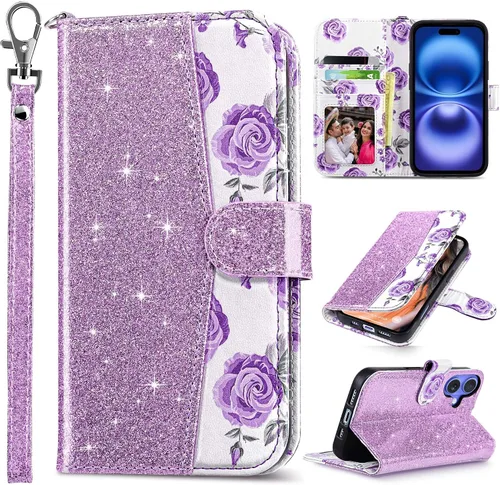 Vista 30 de ULAK Funda tipo billetera compatible con iPhone 15 para mujeres, funda tipo cartera con estampado floral de piel PU premium con porta tarjetas