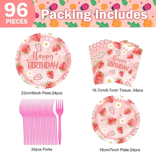 Vista 2 de JESTAR Decoración de bayas para primer cumpleaños, decoraciones de fiesta de fresa, 96 platos, servilletas, tenedores, tema de fresa rosa, perfecto