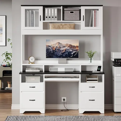 Vista 6 de Bestier Escritorio Ejecutivo de 77.8" de Alto con Estante Superior, Escritorio Moderno de Madera para Computadora con Cajones, Estación de Carga