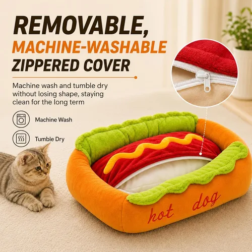 Vista 6 de Cama para perro caliente con forma de perro caliente, sofá cama extraíble y lavable de felpa para perros pequeños, perro salchicha y gatos, parte
